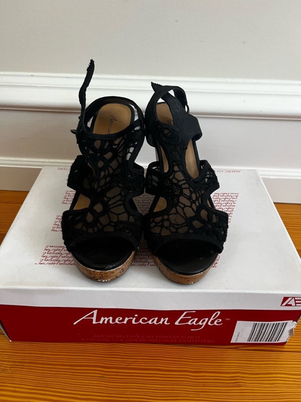 American Eagle Outfitters Black Lace Cork Wedge Sandals - Picture 2 of 7